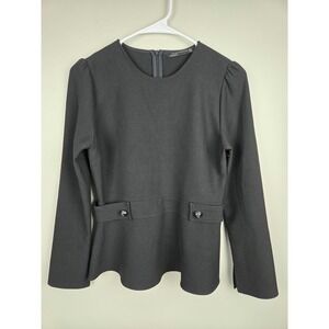 Zara Woman Black Peplum Long Sleeve Top with Button Waist Detail Size S
